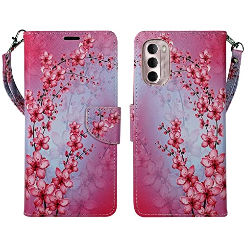 Zase Moto G Stylus (2022) 4G LTE Wallet Case Protective Cover Cute Premium PU Leather Flip Magnetic Closure w/Kickstand ID Card Slot Strap Design for Motorola G Stylus 2022 (Pink Cherry Blossom)