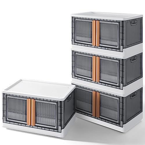 GUNJI Storage Bins Plastic Collapsible Closet Organizer Bathroom Stackable Storage Box with Lids and Wheels Home Storage (19 Gallon, 4 Pack)