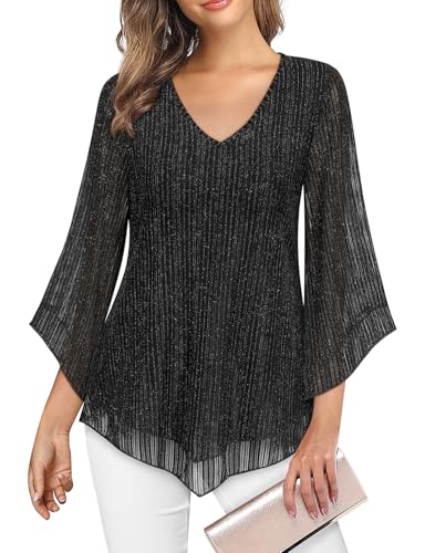 Gemulate Tops for Women UK Ladies Tops Women's Evening Tops Blouses for Women UK Elegant Smart Loose Tops for Women UK Blouses for Women Ladies 3/4 Sleeve Tops Evening Tops -Black Stripes, M