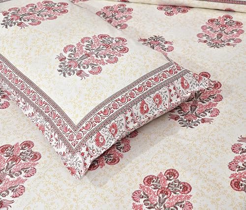Image of elanorhomes Pure Cotton Floral Pillow Covers Set of 2 (27x18) - Rosy Glow with Zip Closure, 180 TC, 68 x 45 cm, Multicolor