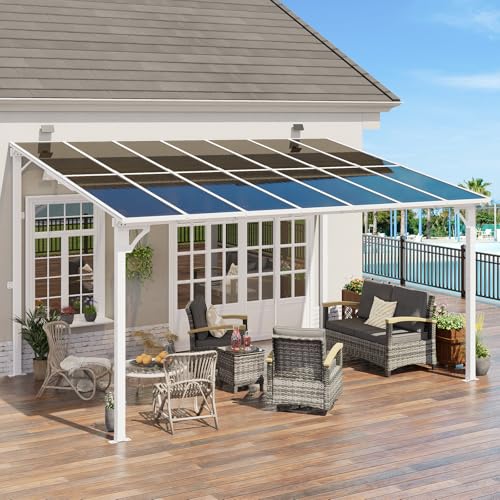 MEISSALIVVE 10' x 14' Wall Mounted Lean to Metal Awnings with Sloped Roof, Outdoor Patio Gazebo Awning for Backyard, Deck, White