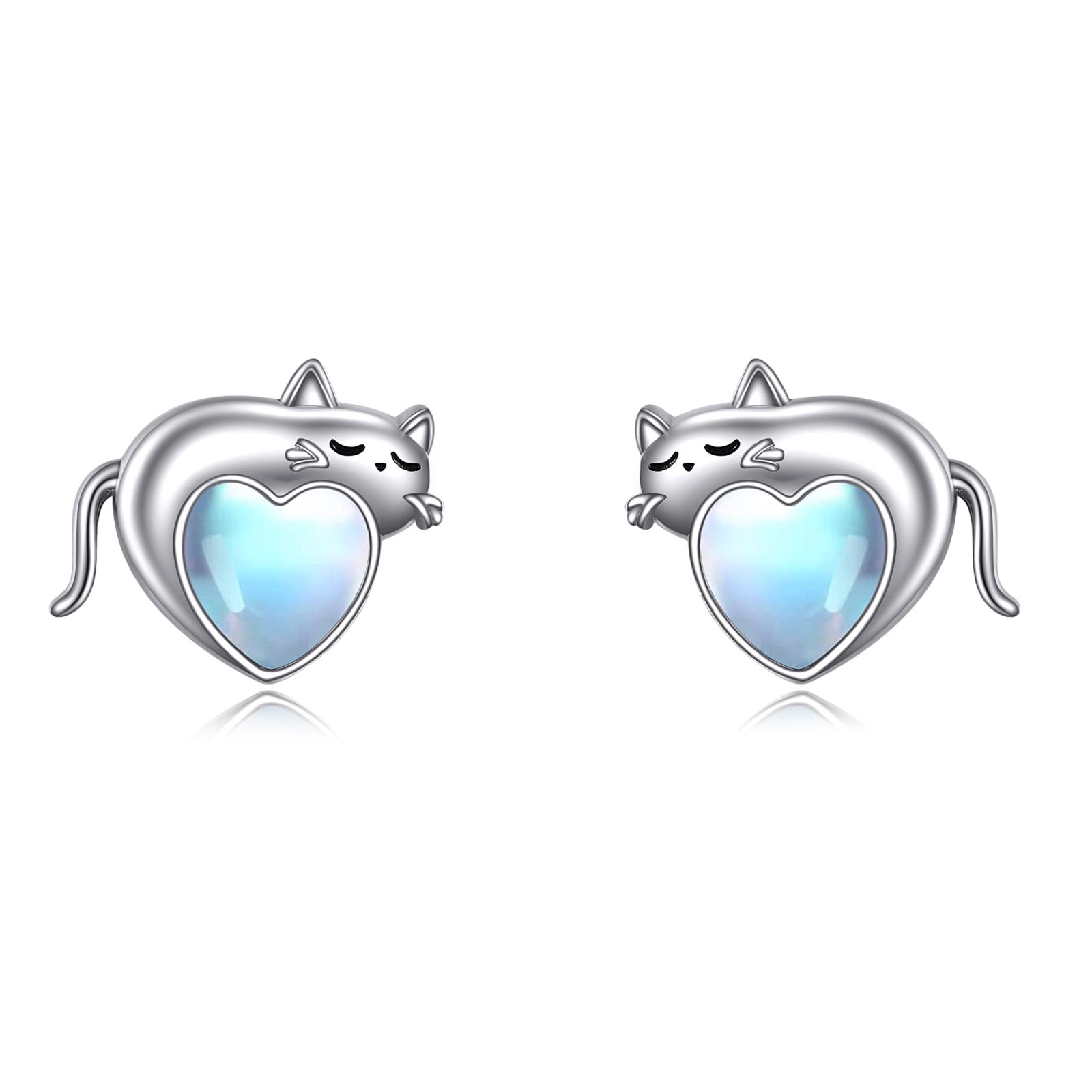 AXELUNA Pendientes de gato o perro, de plata de ley, con piedra lunar, diseño de gato, bonitos aretes de tuerca de animales, regalos de joyería para mujer, talla única, Plata de ley, Piedra lunar