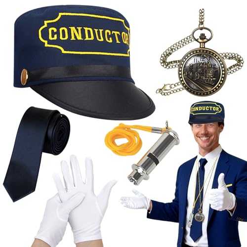 Beipegin 5 Pcs Train Conductor Costume Adult Conductor Hat Whistle Train Pocket Watch Blue Tie and Gloves for Role play