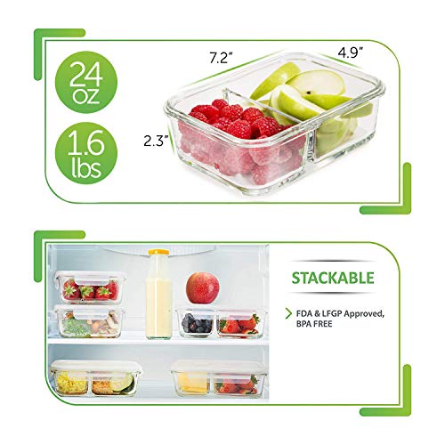 Prep Naturals Glass Meal Prep Containers Glass 2 Compartment (3 Pack) - Glass Food Storage Containers - Glass Storage Containers with Lids - Divided Glass Lunch Containers Food Container 24 Ounce - Thumbnail 4