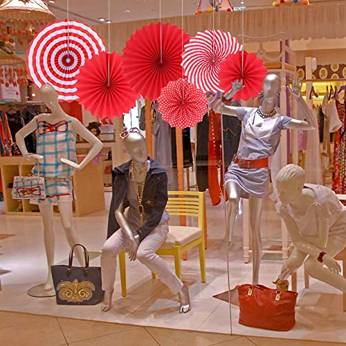 Image of 6 pcs Red Hanging Paper Fans for Birthday Anniversary Bridal Shower Baby Shower Colorful Patterns Party Fans for Party Decoration Christmas Diwali & Wedding Decor (Pack of 6, Red)