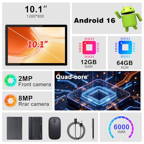Image of Tablet Android 16 10 Inch 12GB RAM+64GB ROM / 1TB Expandable, 1280 * 800 HD Touch Screen, 5G WiFi6 BT 5.0, 2 in 1 Tab with Keyboard Case Mouse Stylus (Black)
