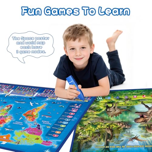 image for Qiaojoy Bilingual Interactive Kids Talking World Map & Dinosaur Poster