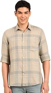 Linen Club Men's Pure Linen Natural Checkered Contemporary Fit Full Sleeve Casual Shirt Price In India