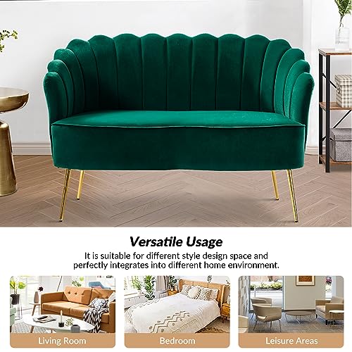 Image of HULALA HOME Modern Velvet Loveseat Sofa with Flower Shaped Back, Comfy Upholstered 2-Seater Sofa with Gold Metal Legs, Small Love Seat Accent Couch for Living Bedroom Leisure Areas, Green