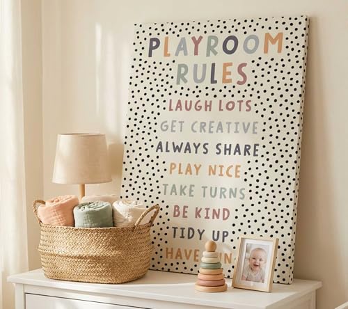 Image of Kids Playroom Canvas Wall Art, Neutral Playroom Rules Painting Picture Wall Decor, Boho Classroom Educational Poster Print Artwork for Classroom, Nursery, Toddler Home Decoration, 16x24in Framed