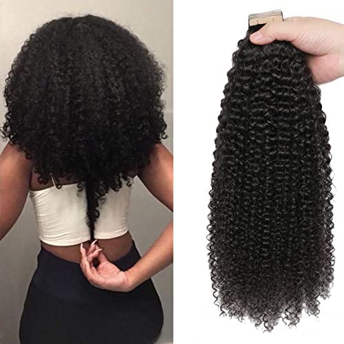 Hotlulana Tape in Hair Extensions Kinky Curly Human Hair for Black Women Curly Tape in Hair for 3c 4a Textures Invisible Seamless Skin Weft Tape in Human Hair Extensions Wavy 40pcs 12 Inch 80g