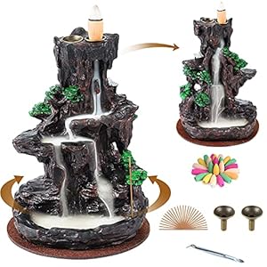 SPACEKEEPER Incense Burner, Backflow Incense Holder 2 sides Waterfall Incense Burnier with 120 Backflow Incense Cones, 30 Incense Sticks, Aromatcherapy Ornamen for home
