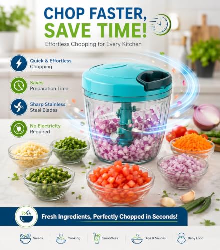 Image of Quick Manual Vegetable Chopper with 6 Stainless Steel Blades (900 ml) | Heavy Duty Onion Cutter & Fruit Chopper for Kitchen | Multi-Color (Pack of 1)