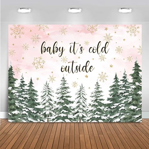 Mocsicka Baby It's Cold Outside Backdrop Pink Winter Baby Shower Decorations Girls Winter Wonderland Pine Tree Forest Snowflake Baby Shower Photo Banner Props(Pink, 7x5ft (82x60 inch))