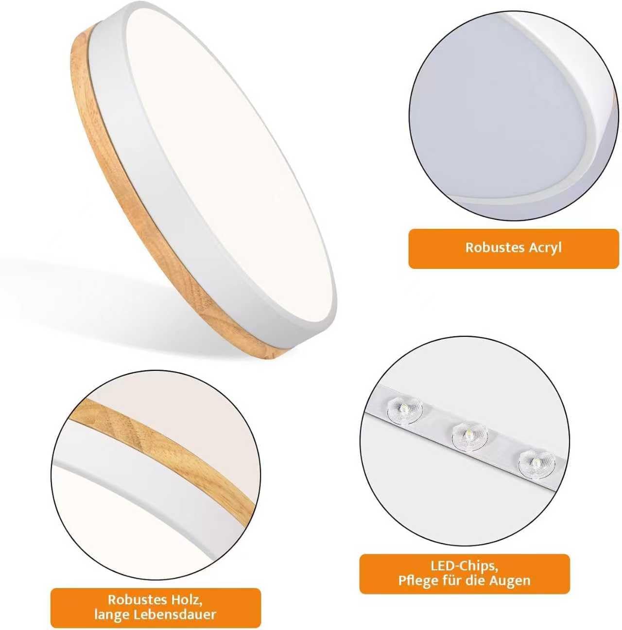 Qamra Plafoniera LED, Plafoniera Bianca 40cm, 36W | Lampada con Legno per camera da letto, soggiorno, cucina, corridoio, sala da pranzo, 4000K
