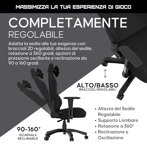 Phantom 3 Sedia Gaming Ergonomica Tessuto per Adulti - Poltrona Gaming Reclinabile con Supporto Lombare e Braccioli Regolabili - Gaming Chair Premium per Ufficio e Casa, Nero - Sedia gaming - Immagine 5