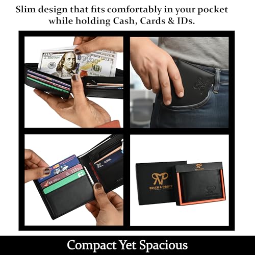 Image of Genuine Leather Wallet for Men Black | RFID Blocking | Bi fold,Tri fold | Classic Slim,Stylish Mens Wallet with Multiple Card Slots,Coin Pocket & ID Window | Gift for Men