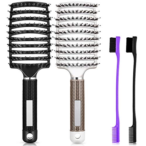 4 Pieces Curved and Vented Detangling Hair Brush Vented Styling Bristle Hair Brush with Hair Edge Brush Double Sided Edge Brush Comb for Women Men Long Thick Thin Curly Wet Hair