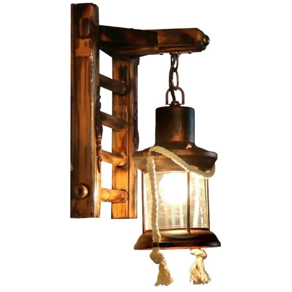 Rústico Retro de Madera Maciza de luz de Pared E27 Lámpara de Pared Arte Linterna de Hierro Antiguo Bar Cafetería Restaurante Iluminación de Pared Salón Dormitorio Decorativa Interior de Cristal
