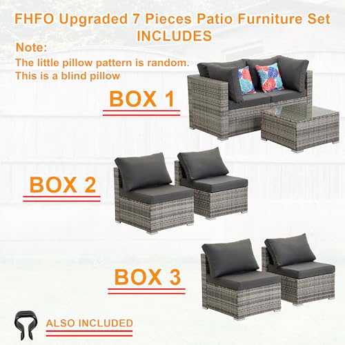FHFO Patio Furniture Set Outdoor 7 Pieces Modular Patio Set Wicker Outdoor Sectional Sofa Set Rattan Patio Conversation Set with 2 Pillows/w Cushions & Coffee Table for Outside, Porch,Gray-Dark Gray