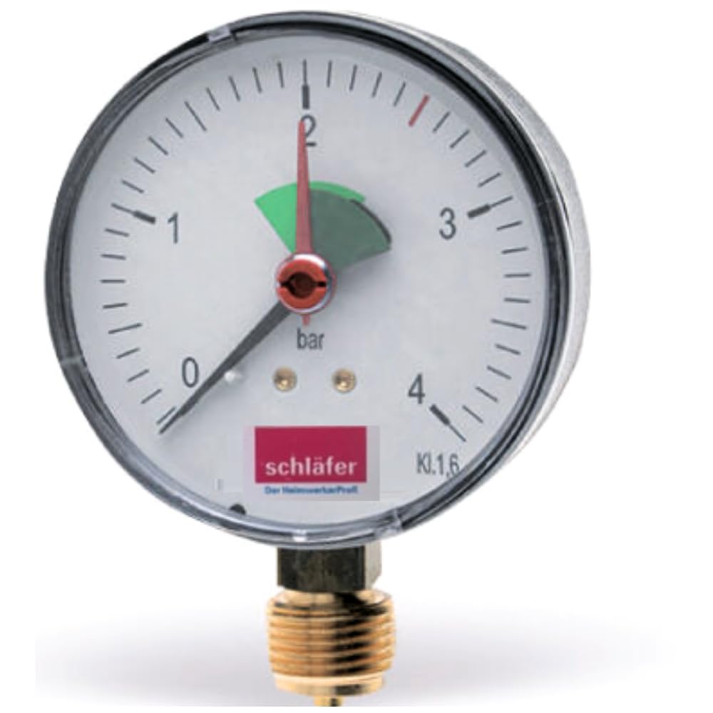 Schläfer 0930161 | Manomètre Vertical de chauffage Ø 63 mm - Connexion radial 3/8" - Échelle 0-4 bar - Aiguille rouge réglable avec zone verte - Précision classe 2,5 - Zone verte 1,5-2,5 bar.