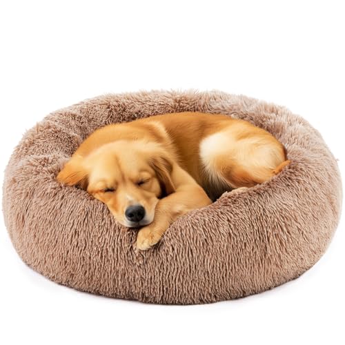 Image of NEWBULIG Round Donut Dog Bed, 30.7x30.7 Inch Large Sized Beds for Indoor Cats and Dogs with Washable Cover, Anti-Slip, Super Soft Durable Fabric, Brown