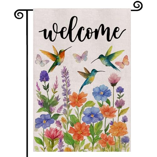 Hummingbird Floral Welcome Garden Flag Colorful Floral Decoration 12x18 Inch Double Sided Flowers Butterfly Outside Patio Farmhouse Seasonal Welcome Yard Outdoor Flag