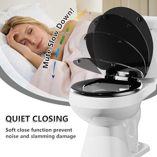 Image of Angol Shiold Quiet-Close Molded Wood Toilet Seat with Non-Slip Adjustable Hinges, Anti-Pinch Bumpers, Easy Install & Clean(Black, Round 16.5'')