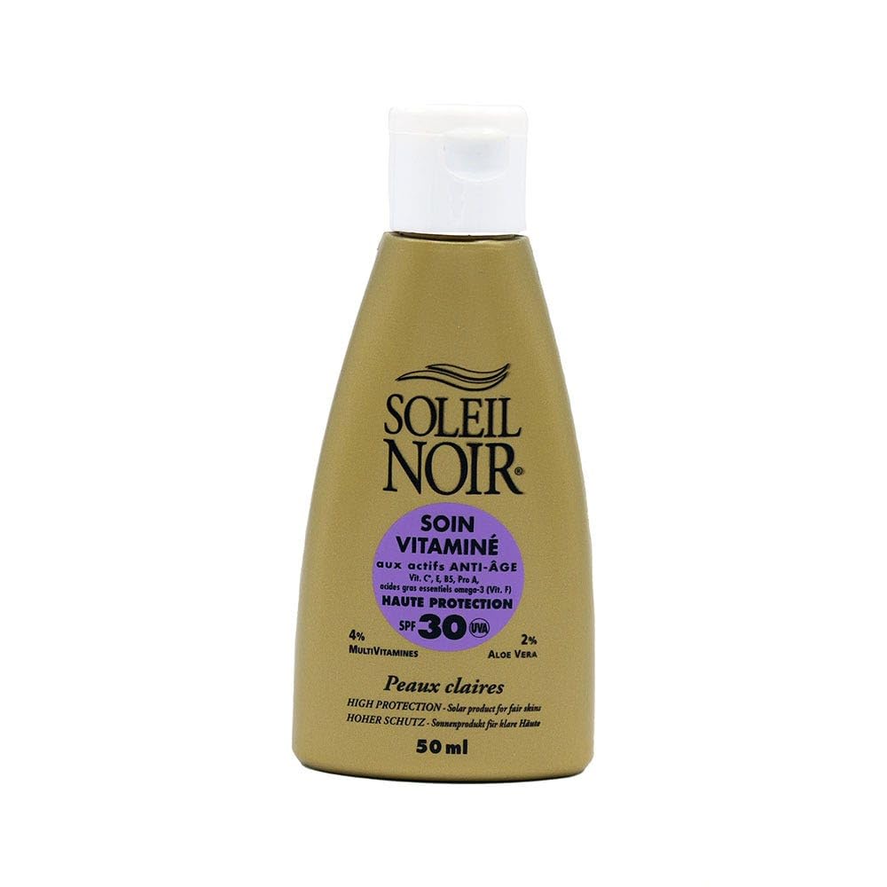 Soleil Noir - Trattamento Vitaminato SPF 50 Alta Protezione 3 Filtri UVA e UVB - Pelle Chiara - Vitamine A, C, E, Aloe Vera - Fabbricazione Francese - Flacone con Capsule Service, 50 ml