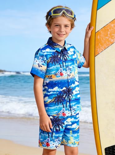 Image of UNICOMIDEA Boys Hawaiian Outfits Tropical Print Button Down Shirt + Swim Trunks 2 Piece Sets for 5-12T Kids