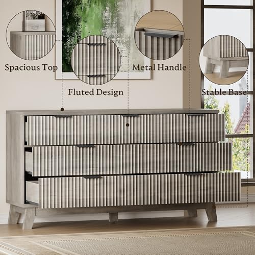 Image of BORNOON 57 inch Long Dresser for Bedroom, 7-Drawer Fluted Chest, Wide Wood Storage Dresser with Metal Slides and Handles, Stable Base, Modern Clothes Organizer for Primary Suite, Guest Room, Nursery