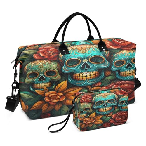 Blue Floral Skull Art Travel Duffel Bags Gym Bag Weekender Handbag with Toiletry Bag for Women Girls Men