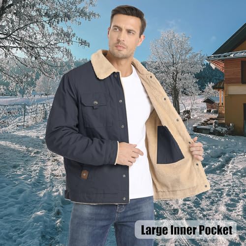 Image of Men's Winter Jacket, Cotton Sherpa Fleece Lined Jacket, Warm Trucker Cargo Coats with Pockets