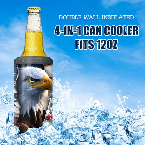 Image of SANDJEST Eagle Tumbler American Flag 4 in 1 12oz Can Cooler Coozie Skinny Stainless Steel Tumbler Gift for Men Dad Father Travel Veteran Day 4th of July