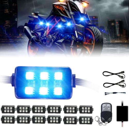 Image of 12 Pod Motorcycle RGB Led Light Kit - Neon Lights Underglow Kit with Brake Light for Harley Honda Kawasaki Suzuki Indian - 12V Waterproof Multi-Color Under Glow Lights with RF Remote