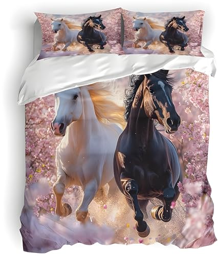 PNHCL Parure de Lit 90x190 Enfant Cheval Fleur Imprimé Housse de Couette avec 2 Taies d'oreiller 65x65 pour Ado, Moderne Esthétique 1 Personne Ensemble de...