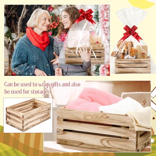 Image of Wonderjune Wooden Baskets for Back to School Gifts Empty Wood Basket with Cellophane Bag Ribbon Greeting Card for Birthday Baby Shower Wedding Housewarming Gifts Packaging(Brown,Large)