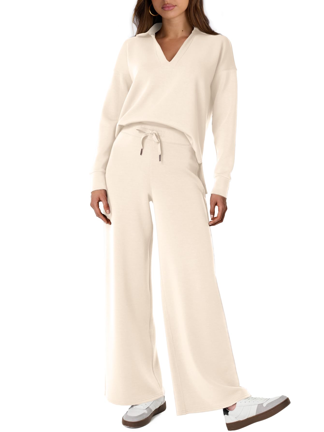 GlamakerWomen's 2 Piece Sets Outfits Casual Long Sleeve Sweatsuits Polo Top and Wide Leg Pants Matching Sets