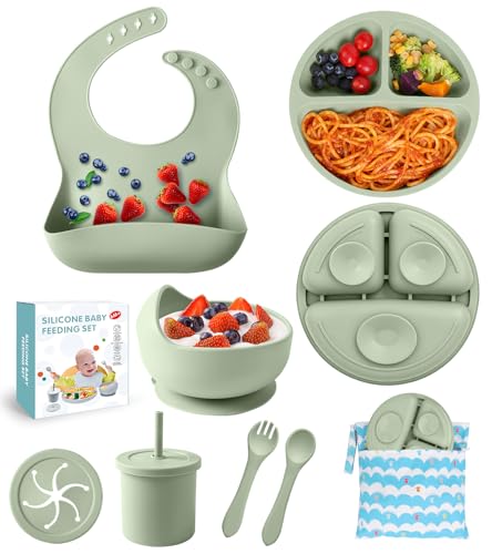 Image of Silicone Baby Feeding Set, 10 Pcs Baby Led Weaning Supplies Baby Eating Essentials Set with Suction Bowl Divided Plate Adjustable Bib Soft Spoon Fork Cup with Lid Drinking Cup, Travel Bag (Green)