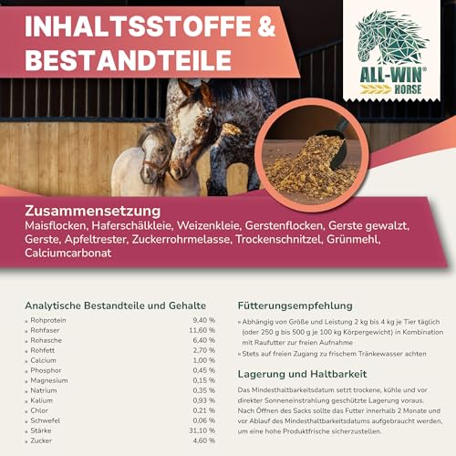 ALL-WIN Horse Meal Deal 15 kg | Haferfreies Pferdemüsli mit Apfel für hohe Schmackhaftigkeit | Reich an Vitamin E & Biotin | Ergänzungsfutter für Vitalität & Glanz