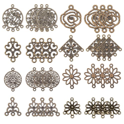 SUNNYCLUE 1 Box 80Pcs Flower Connectors Chandelier Earring Charms Flower Connector Charms Chandelier Charm Bulk Filigree Connectors Tibet Style Link Charm for jewellery Making DIY Bohemian Earrings
