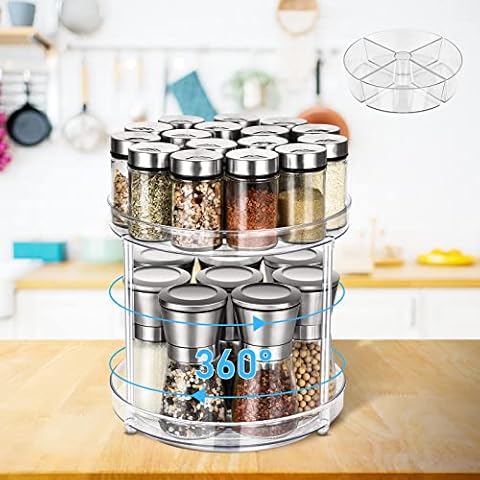 aceyoon Gewürzregal Drehbar 2 Etagen, Lazy Susan Drehteller Organizer Küche mit 4 Fächern Kühlschrank Organizer Gewürzkarussell Durchsichtig für Schrank, Badezimmer, Kosmetik 23.5cm Cover