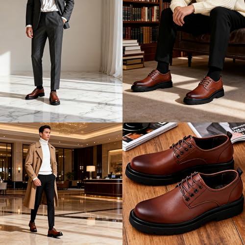 Image of Men's Vintage Leather Lace Up Platform Oxfords Shoes Black Round Toe Soft Rubber Sole Non-Slip Waterproof Business Formal Derby Dress Shoes