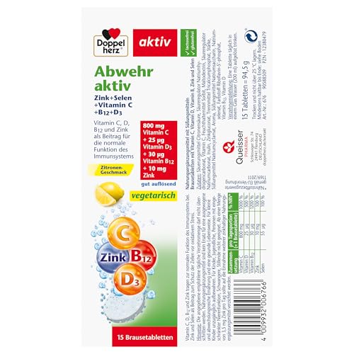Doppelherz Abwehr aktiv Zink + Selen + Vitamin C + B12 + D3 - als Beitrag für die normale Funktion des Immunsystems - 15 gut auflösende Brausetabletten mit Zitronen-Geschmack