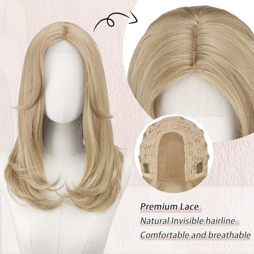 Image of FESHFEN Lace Front Hairline Wigs with Bangs, Synthetic Natural Looking Long Layered Straight Hair Wig for Women Daily Party Costume, 18 inch Blonde Highlights