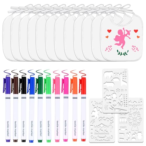 DBTW 12 baberos blancos para pintar, 30 x 26 cm, baberos impermeables, baberos bandana de alimentación con 12 lápices de colores y 3 páginas para colorear, para bebés y niños