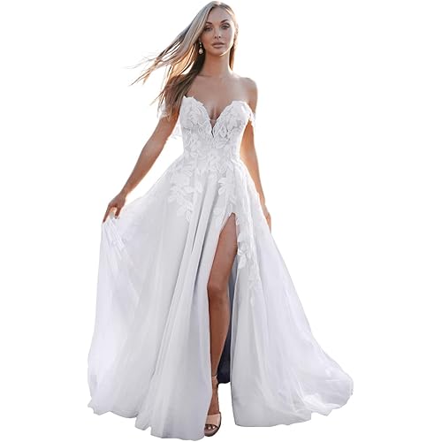 Loyeloy Women's Wedding Dresses for Bride 2025 Sexy V Neck Slit Lace Bridal Wedding Gowns for Bride YJ010