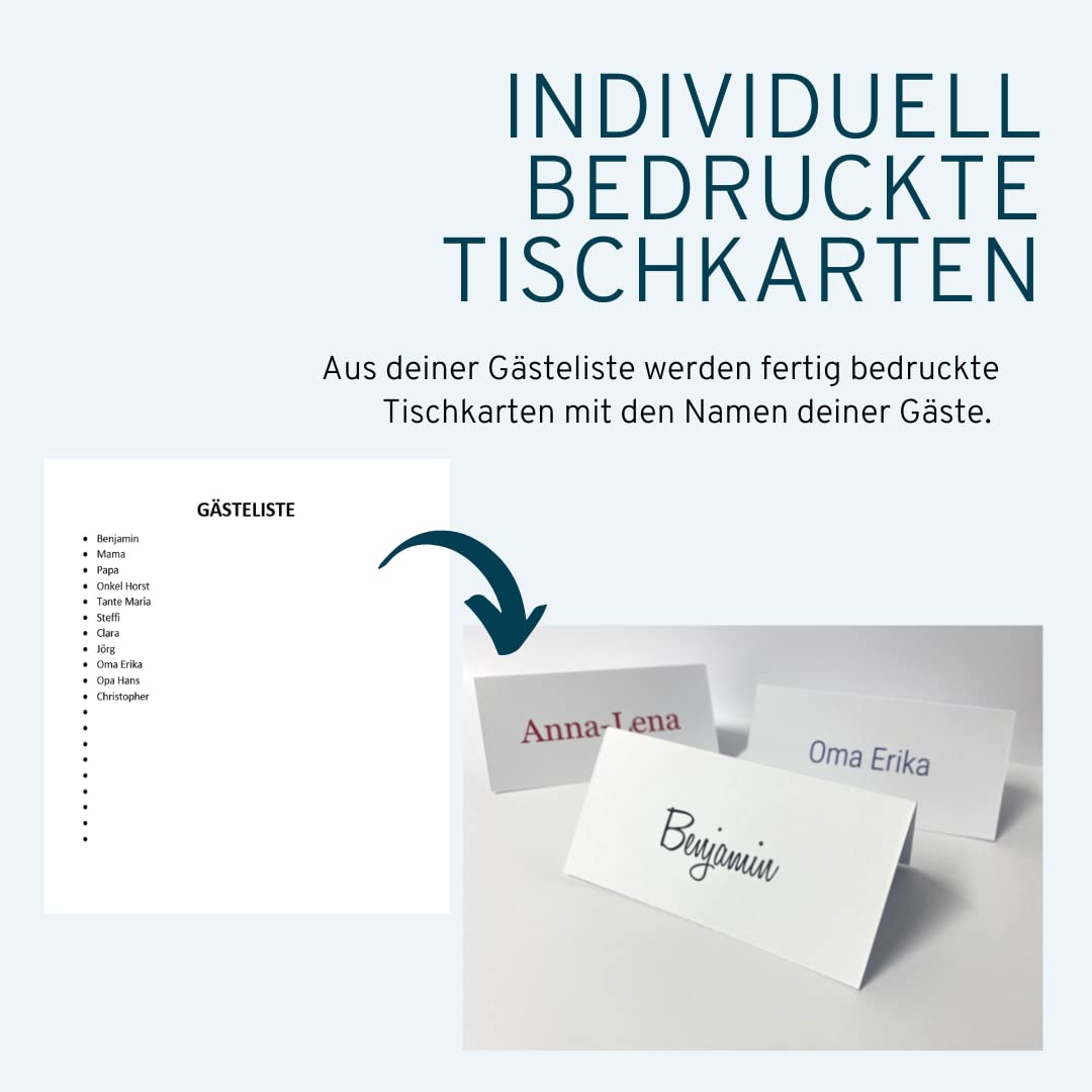 Tischkarten weiß mit Namen personalisierbar eingedruckt | Schriften, Farben und Sets auswählbar | Aufdruck einzeln individualisiert mit Namen der Gäste | für Hochzeit, Geburtstag uvm. (75)