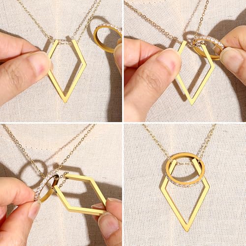 JewelryWe Zawieszka na pierścionek, łańcuszek damski, złoty, stal nierdzewna, otwarty romb, geometryczny wisiorek, magiczny uchwyt na pierścionek, na ślub, zaręczyny, rocznicę, prezent miłosny dla