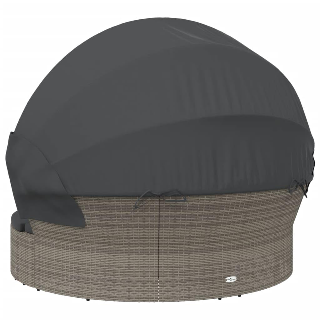 Lettino lounge per esterni con tetto e cuscino, grigio, in polyrattan, isola solare, resistente alle intemperie, con imbottitura e protezione solare, per terrazza, balcone, piscina, isola